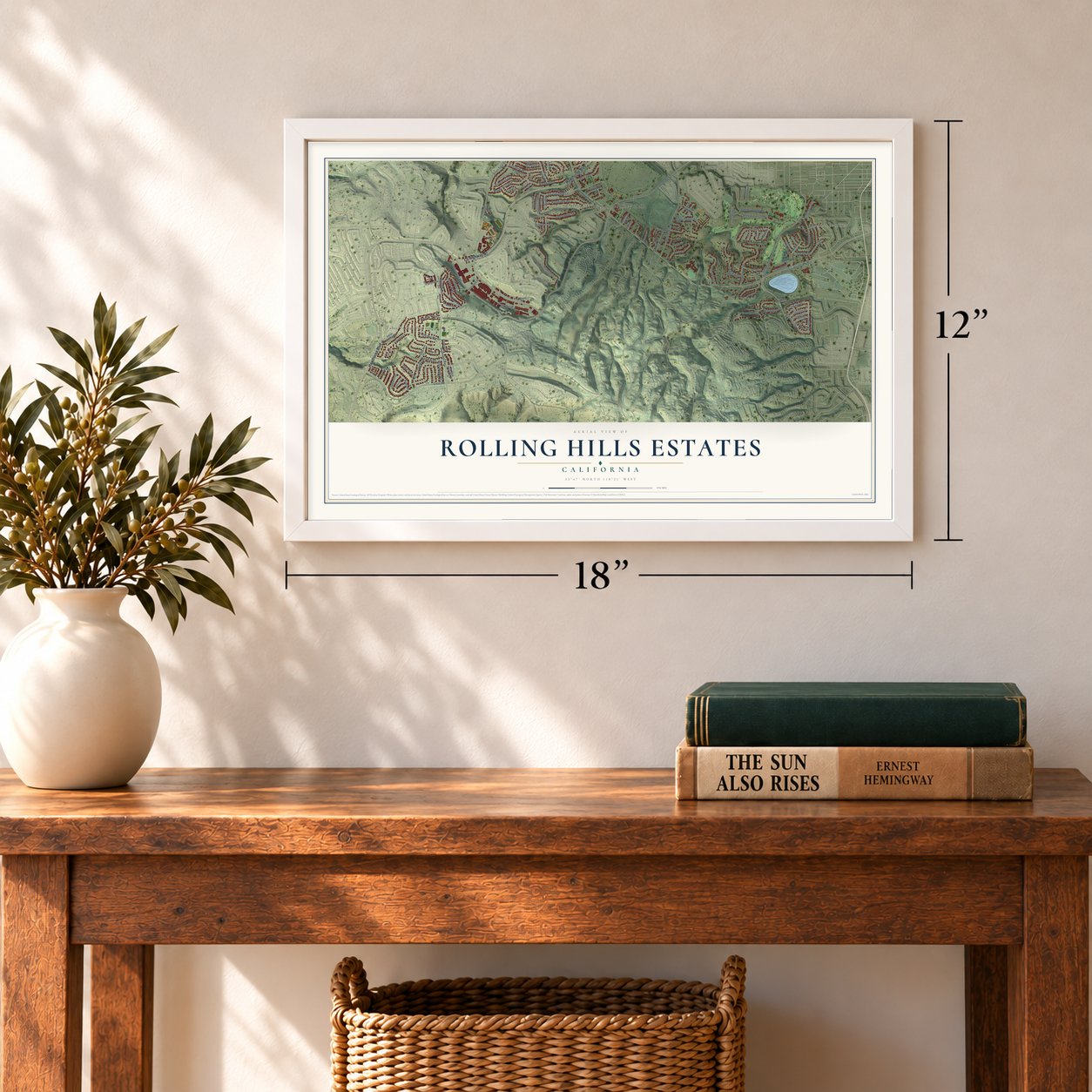 Rolling Hills Estates, California map, 12 x 18 inch print in a white frame in an entryway