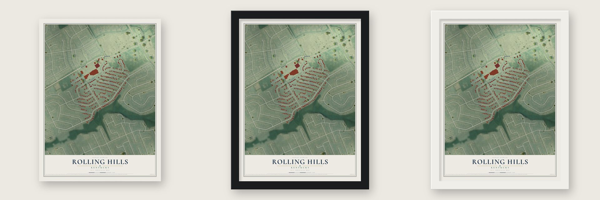 Rolling Hills, Kentucky map unframed, in a black wood frame and in a white wood frame