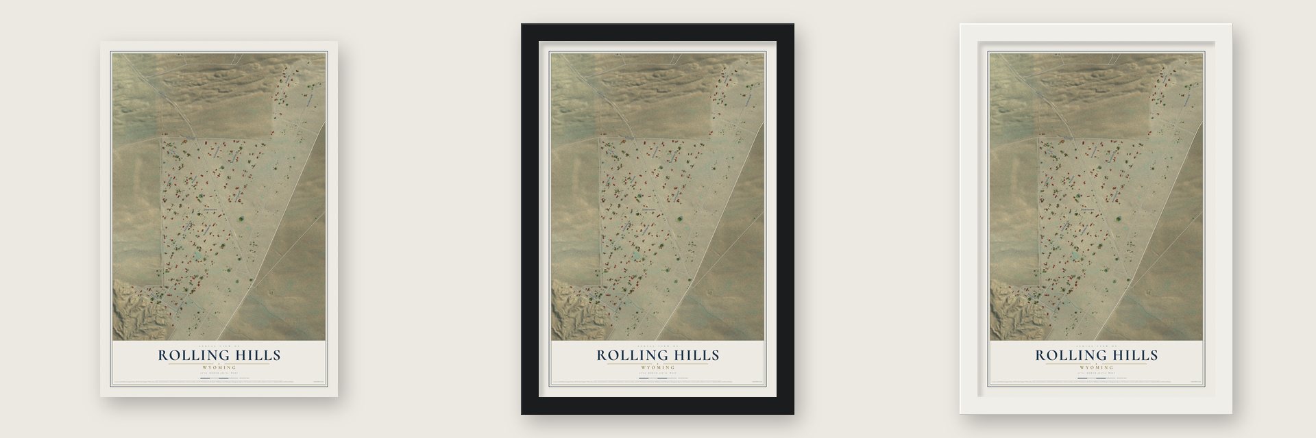 Rolling Hills, Wyoming map unframed, in a black wood frame and in a white wood frame
