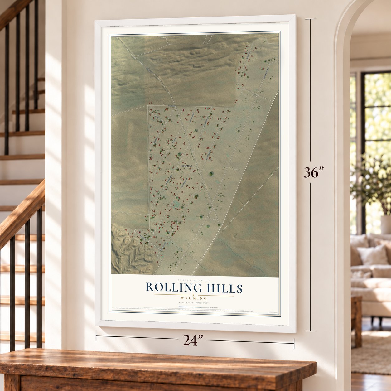 Rolling Hills, Wyoming map, 24 x 36 inch print in a white frame by a staircase