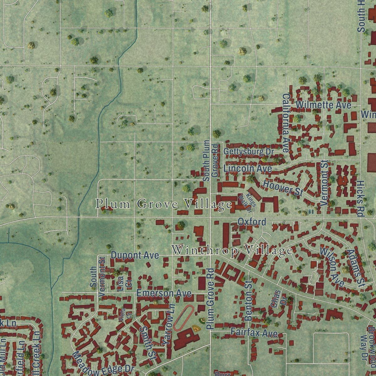 Second close-up of the map of Rolling Meadows, Illinois print showing more streets and buildings
