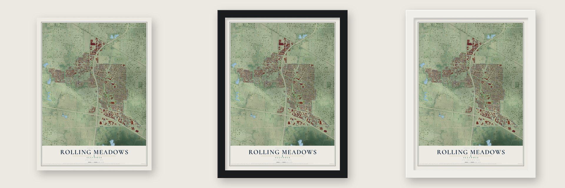 Rolling Meadows, Illinois map unframed, in a black wood frame and in a white wood frame