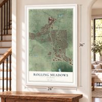 Rolling Meadows, Illinois map, 24 x 36 inch print in a white frame by a staircase
