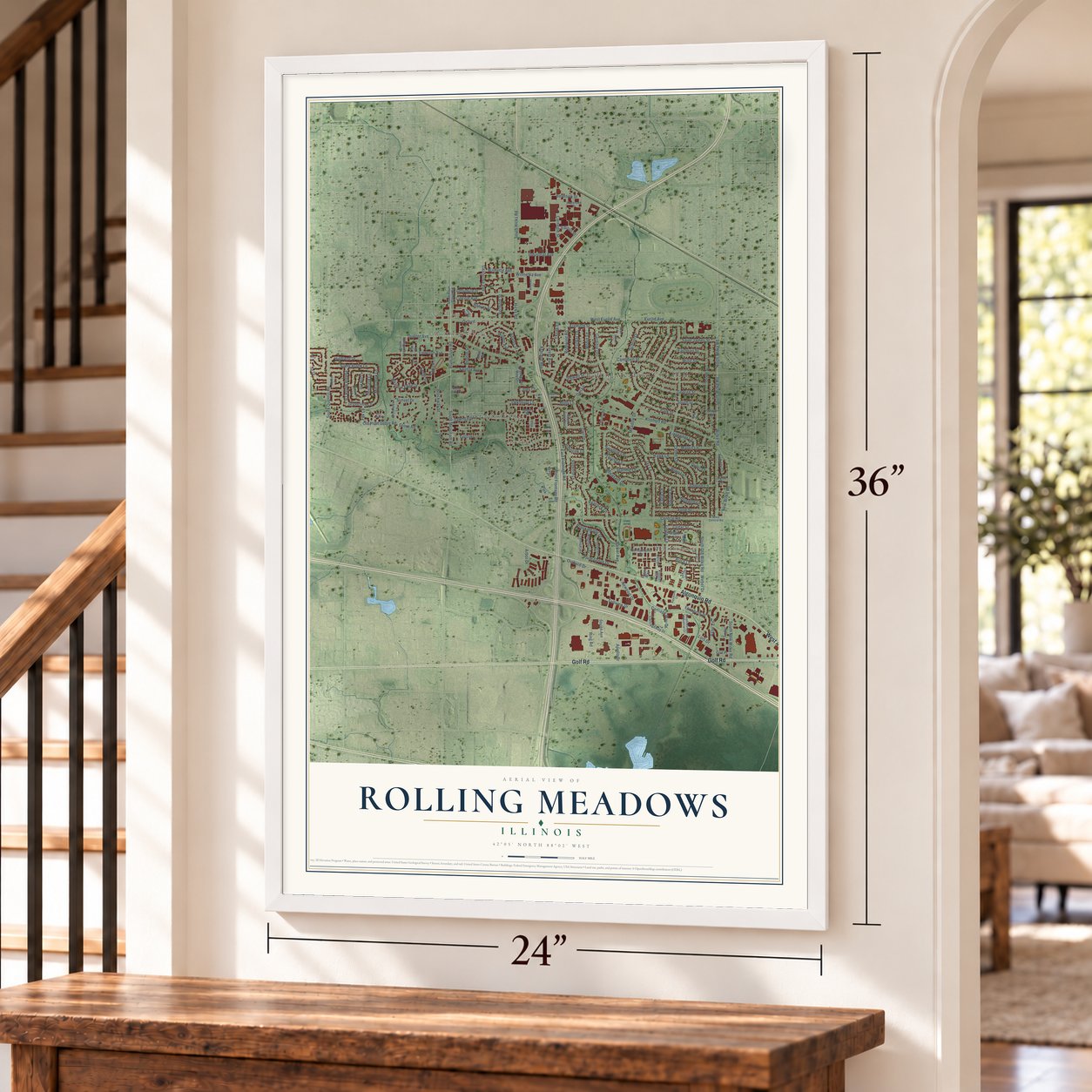 Rolling Meadows, Illinois map, 24 x 36 inch print in a white frame by a staircase