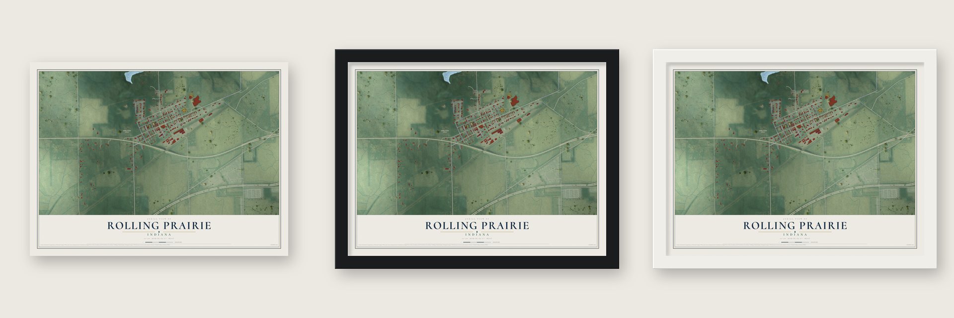 Rolling Prairie, Indiana map unframed, in a black wood frame and in a white wood frame