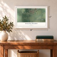 Rolling Prairie, Indiana map, 12 x 18 inch print in a white frame in an entryway