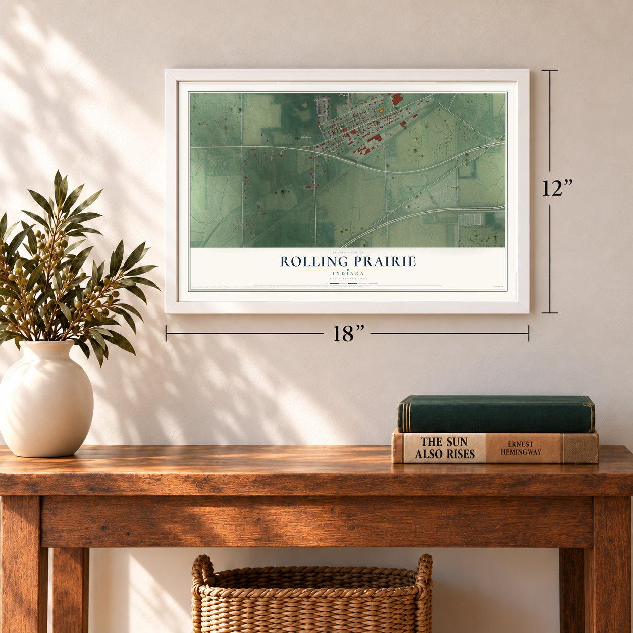 Rolling Prairie, Indiana map, 12 x 18 inch print in a white frame in an entryway