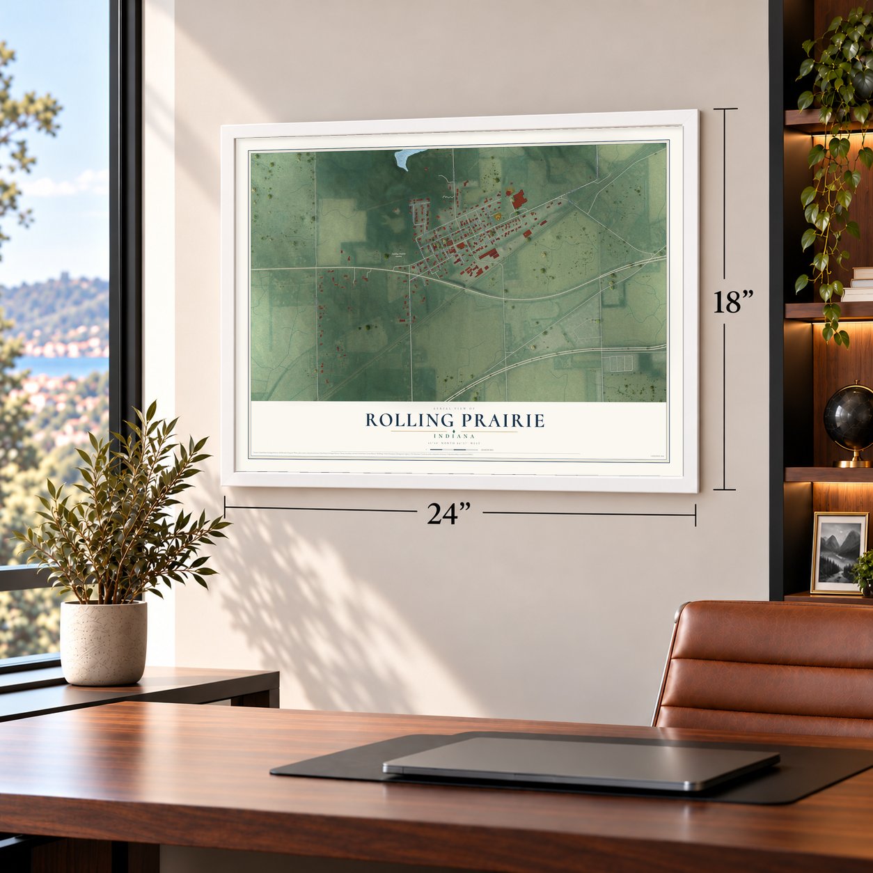 Rolling Prairie, Indiana map, 18 x 24 inch print in a white frame in a home office