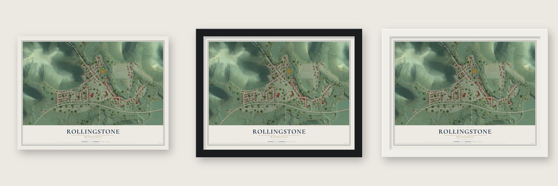 Rollingstone, Minnesota map unframed, in a black wood frame and in a white wood frame