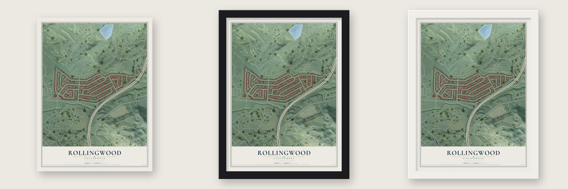 Rollingwood, California map unframed, in a black wood frame and in a white wood frame