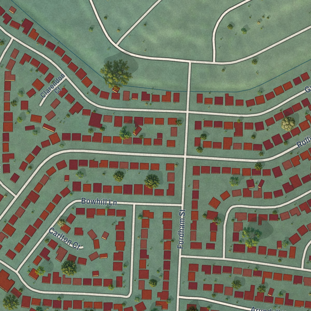 Second close-up of the map of Rollingwood, California print showing more streets and buildings