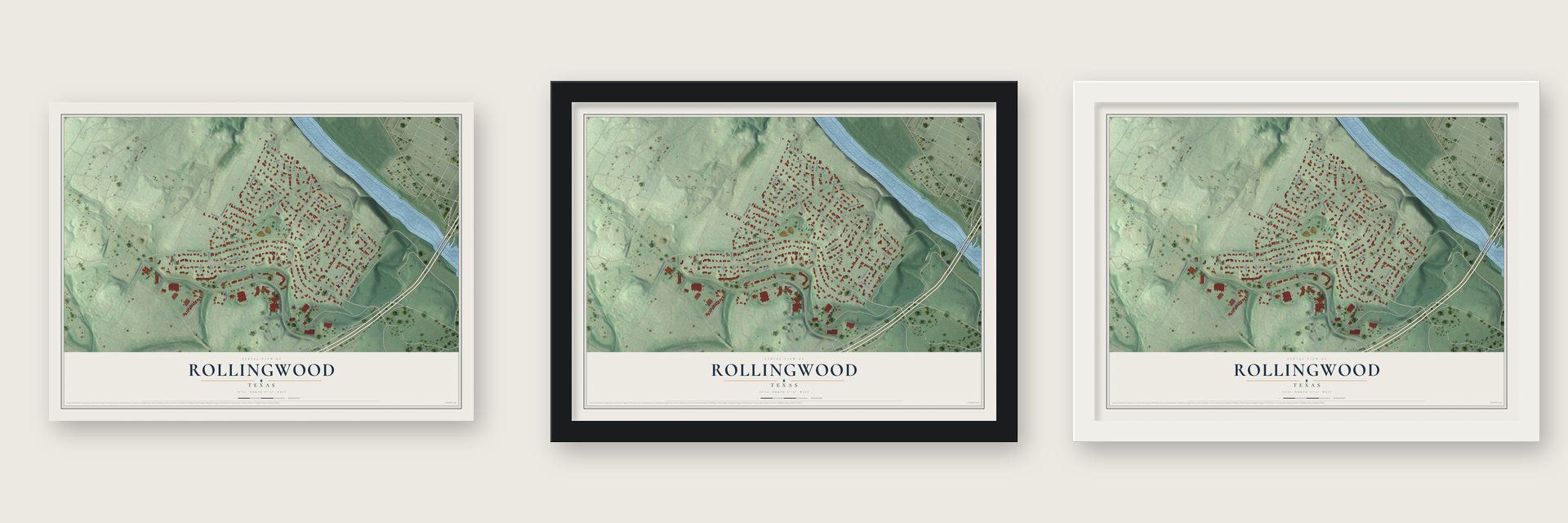 Rollingwood, Texas map unframed, in a black wood frame and in a white wood frame