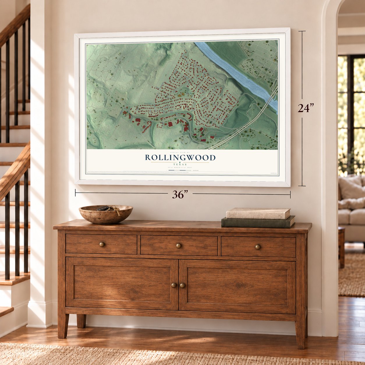 Rollingwood, Texas map, 24 x 36 inch print in a white frame above a dresser by a staircase