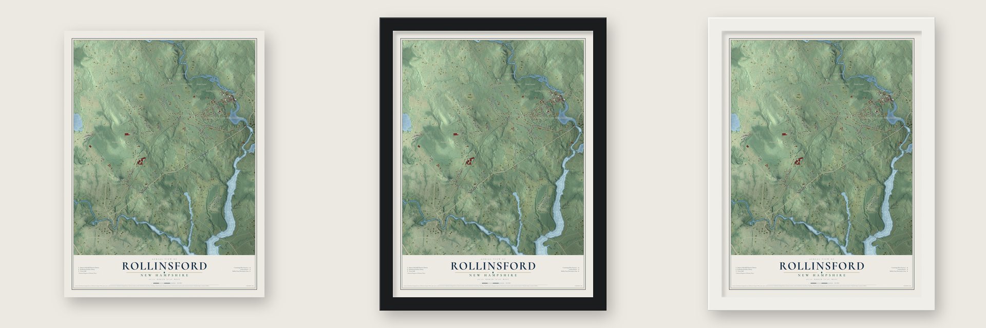 Rollinsford, New Hampshire map unframed, in a black wood frame and in a white wood frame
