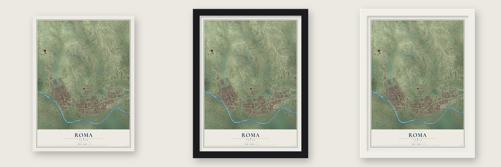 Roma, Texas map unframed, in a black wood frame and in a white wood frame