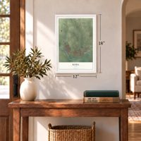 Roma, Texas map, 12 x 18 inch print in a white frame in an entryway