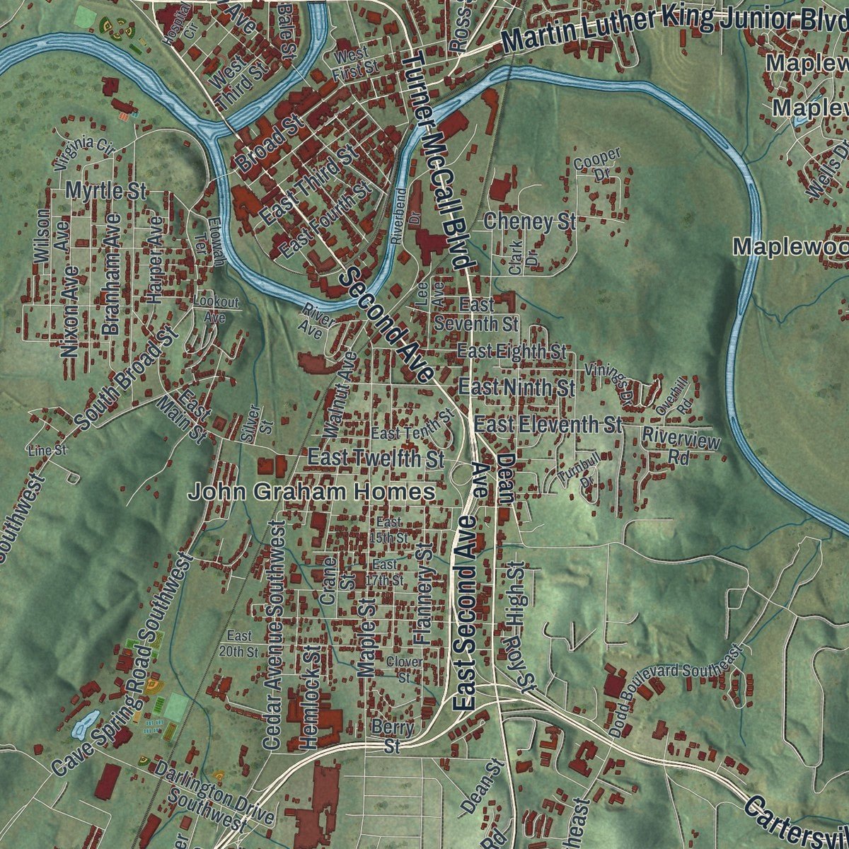 Second close-up of the map of Rome, Georgia print showing more streets and buildings