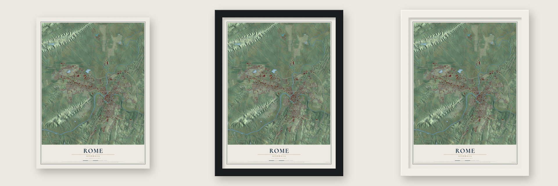 Rome, Georgia map unframed, in a black wood frame and in a white wood frame