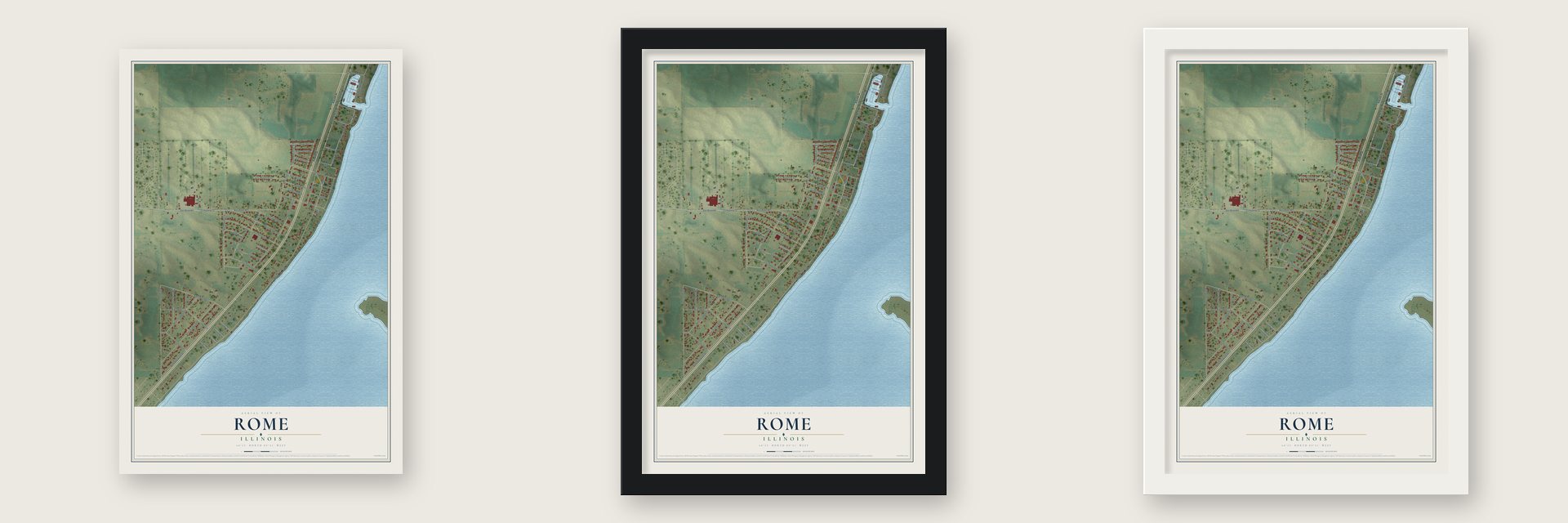Rome, Illinois map unframed, in a black wood frame and in a white wood frame
