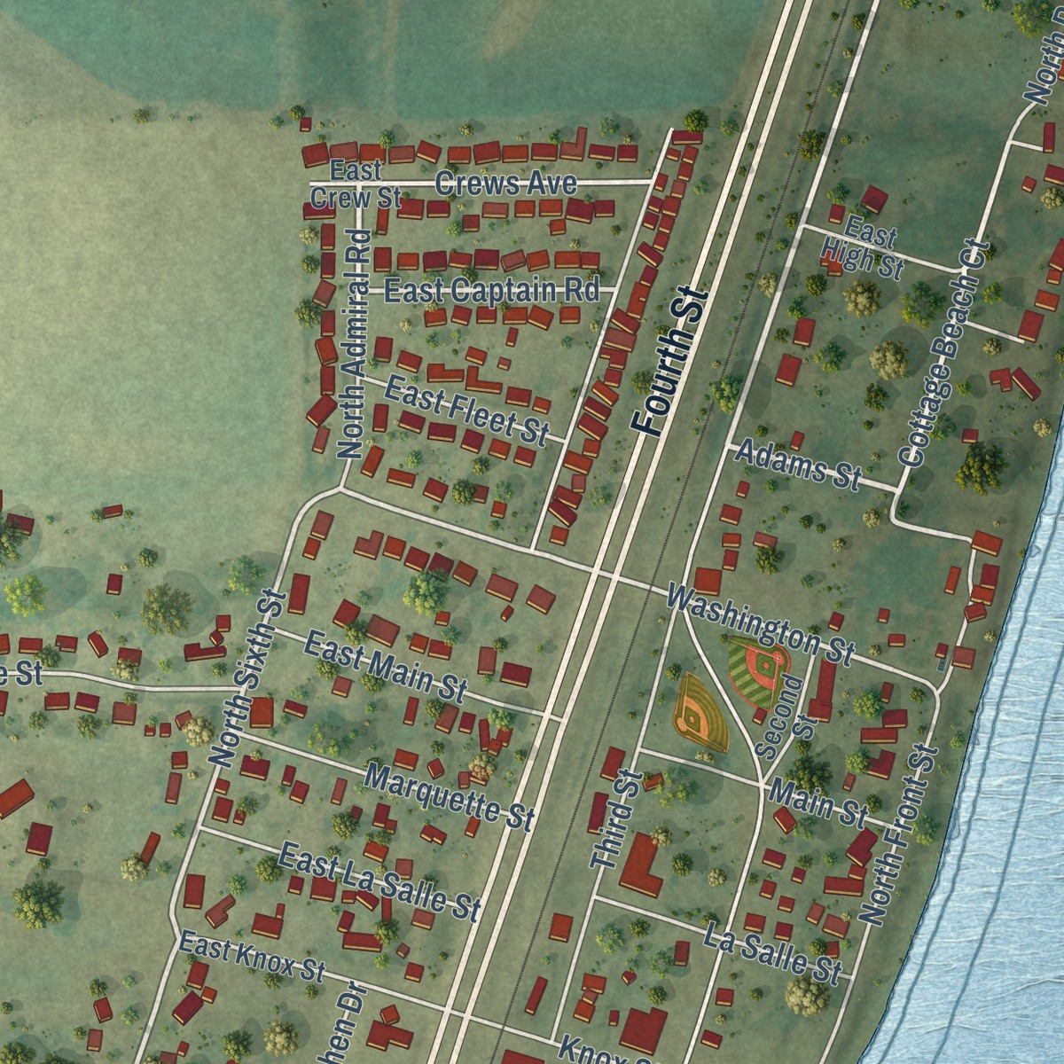 Second close-up of the map of Rome, Illinois print showing more streets and buildings