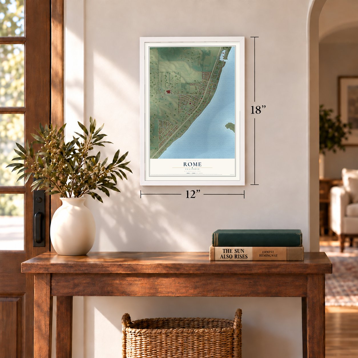 Rome, Illinois map, 12 x 18 inch print in a white frame in an entryway