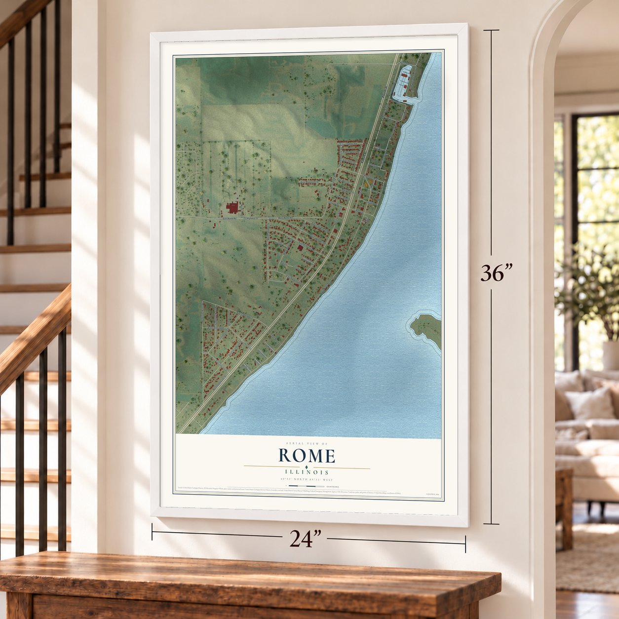 Rome, Illinois map, 24 x 36 inch print in a white frame by a staircase