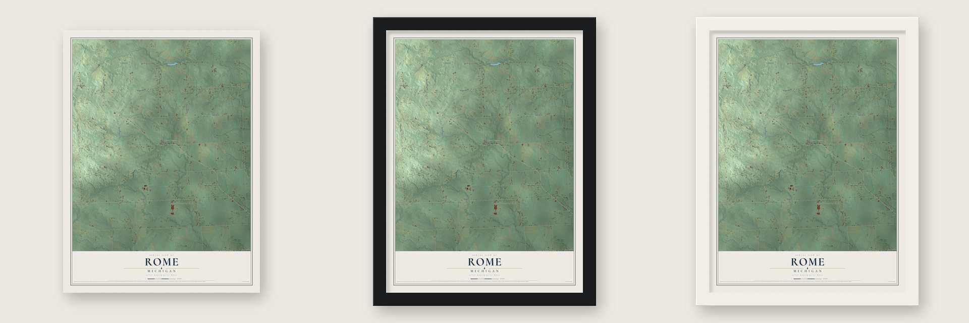 Rome, Michigan map unframed, in a black wood frame and in a white wood frame
