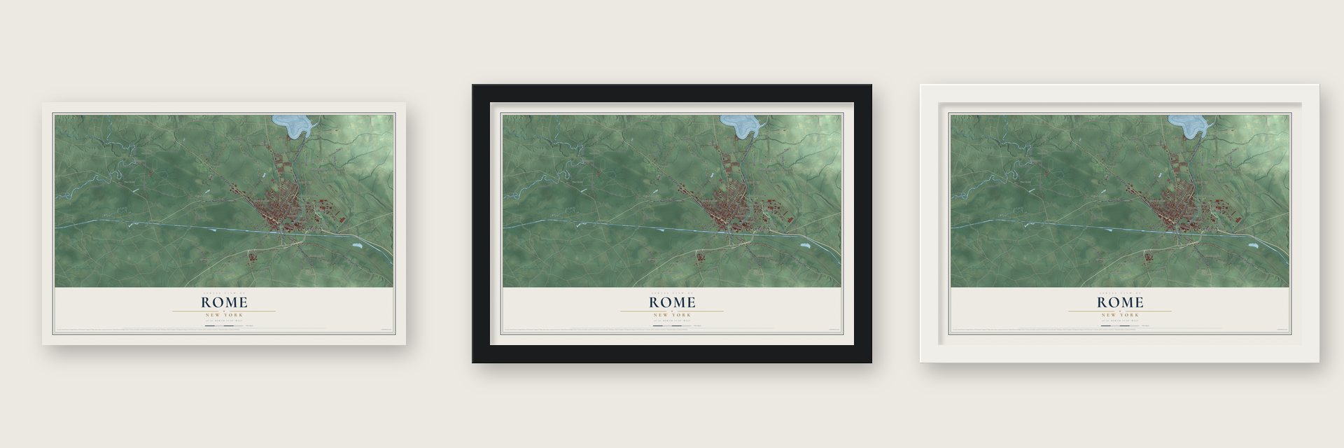 Rome, New York map unframed, in a black wood frame and in a white wood frame