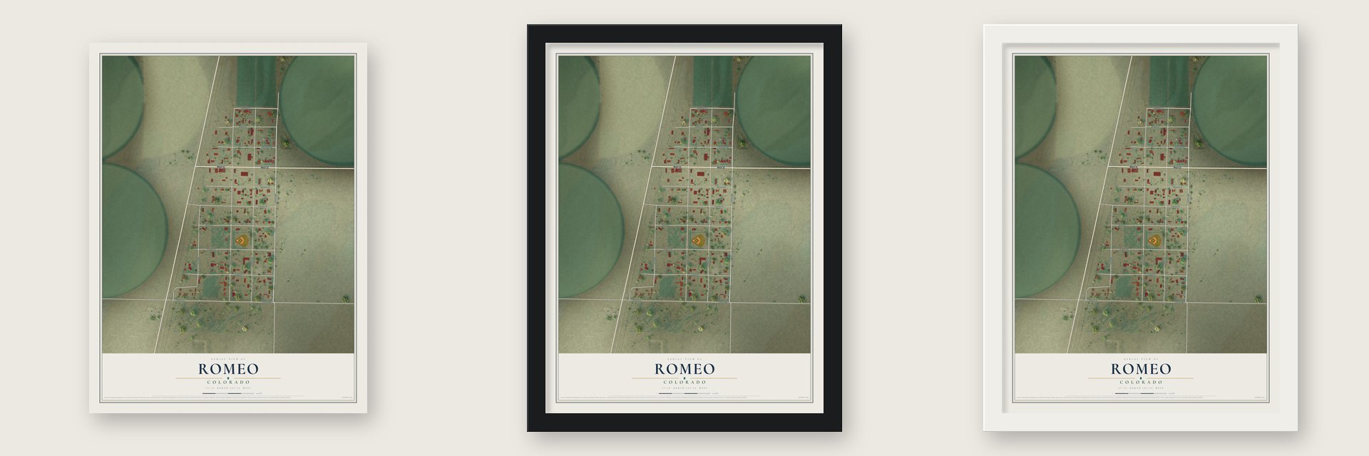 Romeo, Colorado map unframed, in a black wood frame and in a white wood frame