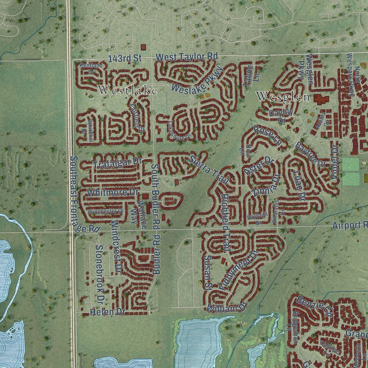 Second close-up of the map of Romeoville, Illinois print showing more streets and buildings