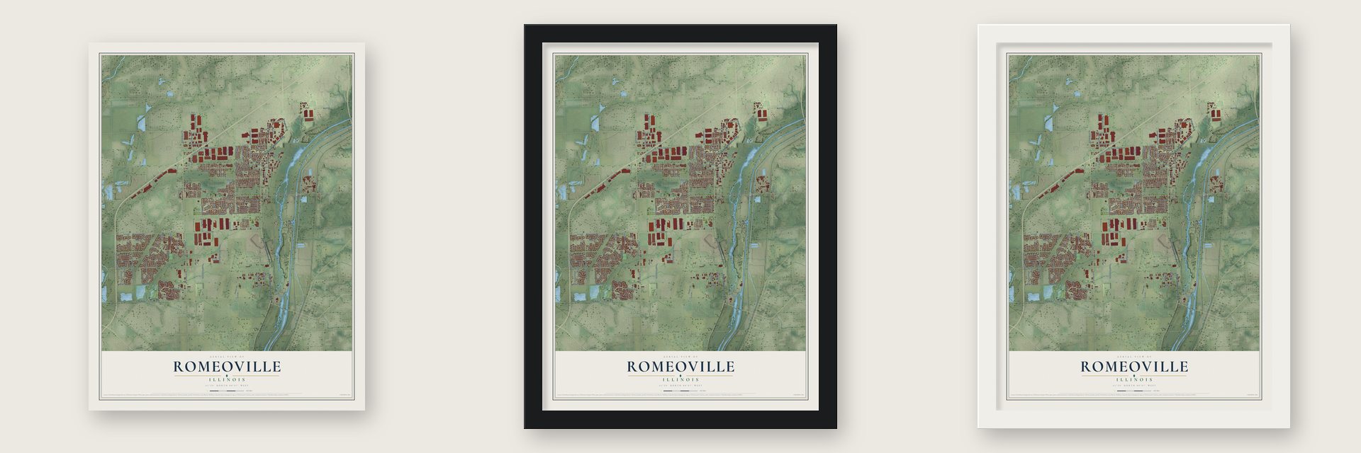 Romeoville, Illinois map unframed, in a black wood frame and in a white wood frame