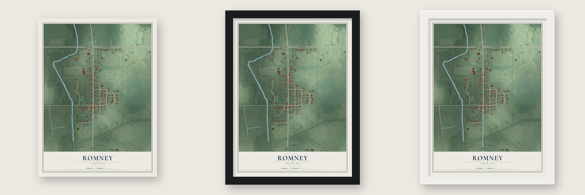Romney, Indiana map unframed, in a black wood frame and in a white wood frame