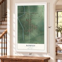 Romney, Indiana map, 24 x 36 inch print in a white frame by a staircase