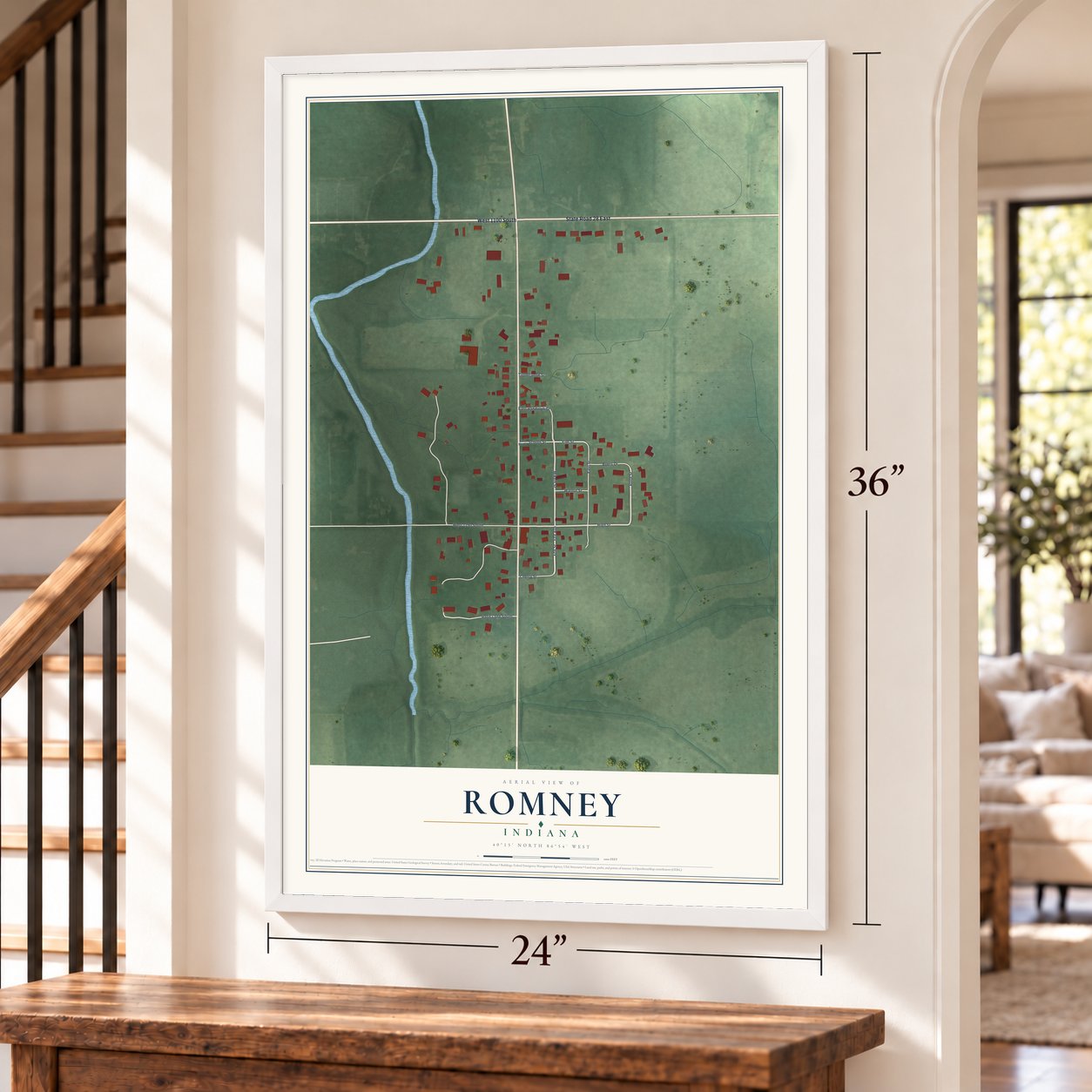Romney, Indiana map, 24 x 36 inch print in a white frame by a staircase