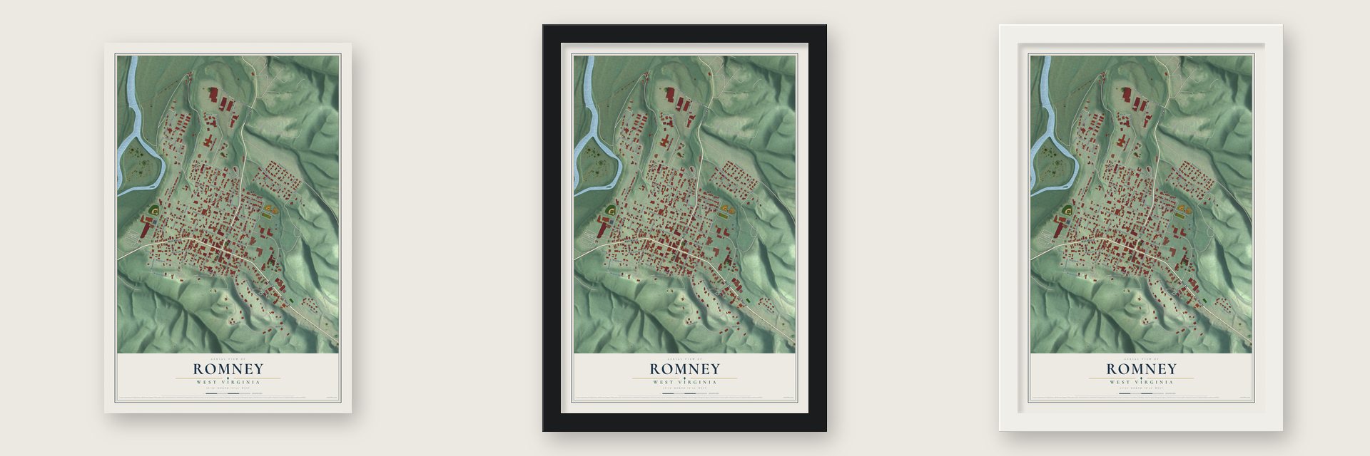 Romney, West Virginia map unframed, in a black wood frame and in a white wood frame