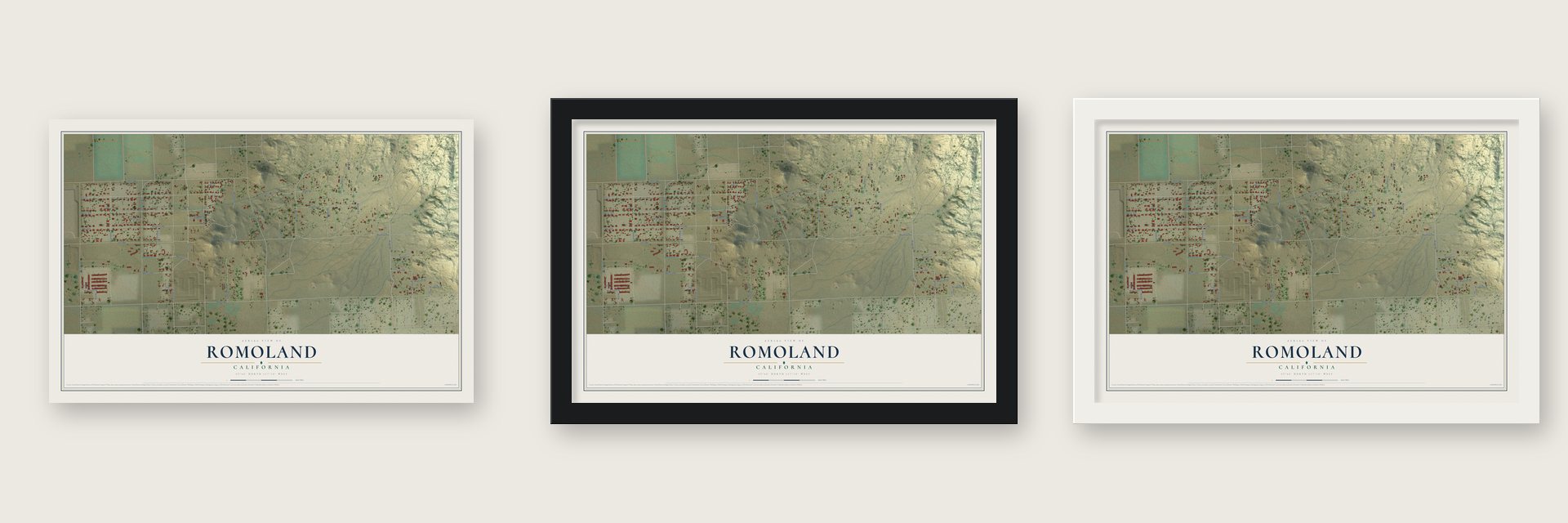 Romoland, California map unframed, in a black wood frame and in a white wood frame