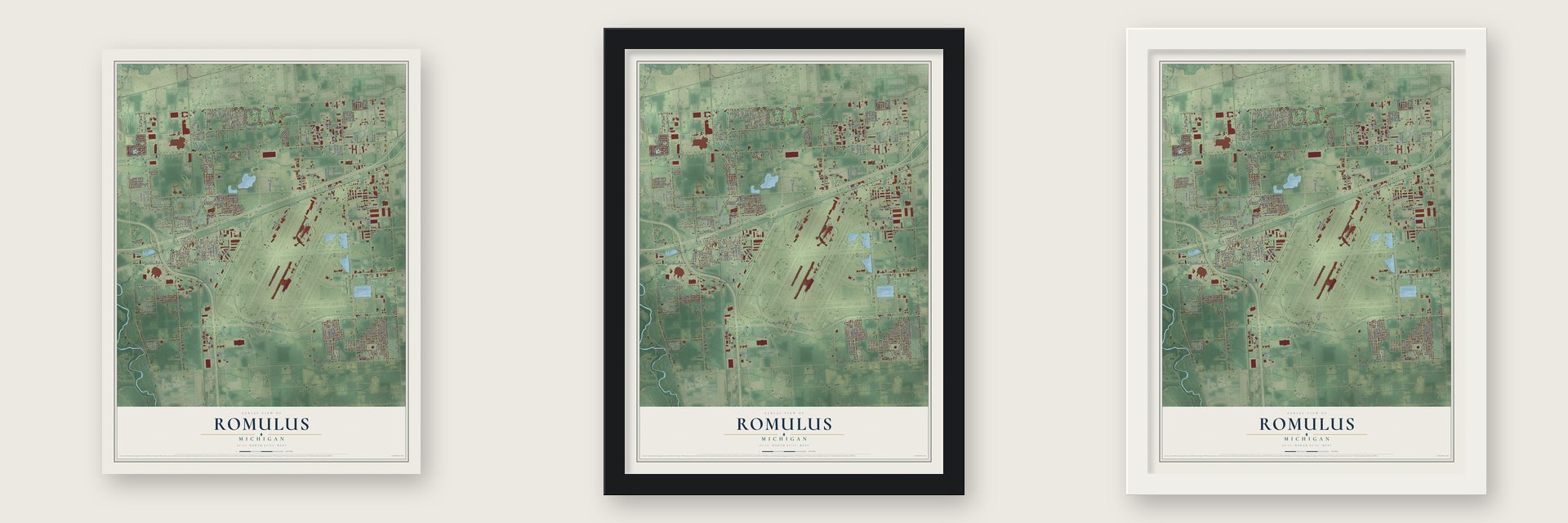 Romulus, Michigan map unframed, in a black wood frame and in a white wood frame