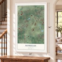 Romulus, Michigan map, 24 x 36 inch print in a white frame by a staircase
