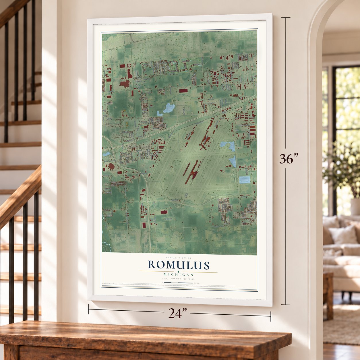 Romulus, Michigan map, 24 x 36 inch print in a white frame by a staircase