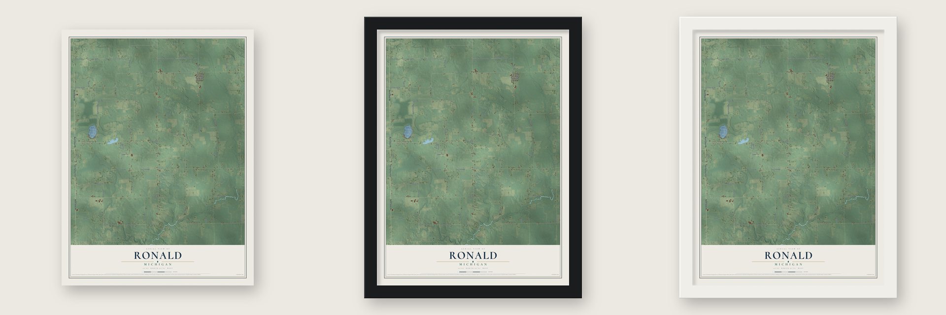 Ronald, Michigan map unframed, in a black wood frame and in a white wood frame