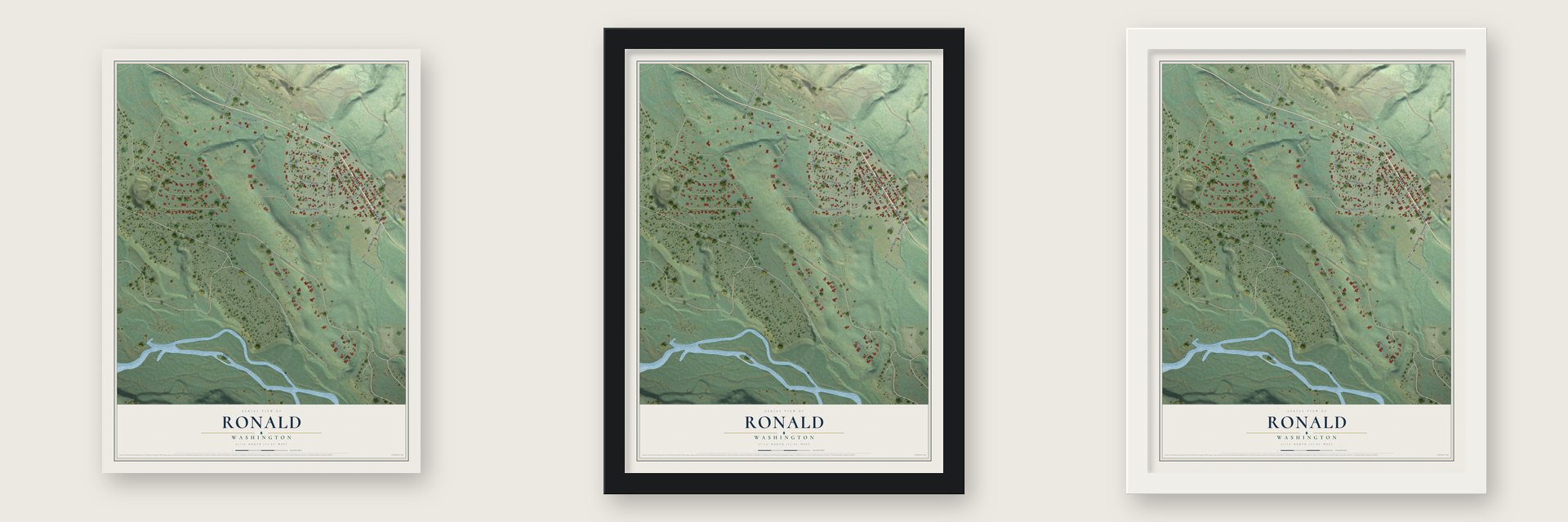 Ronald, Washington map unframed, in a black wood frame and in a white wood frame