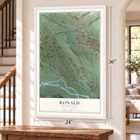 Ronald, Washington map, 24 x 36 inch print in a white frame by a staircase