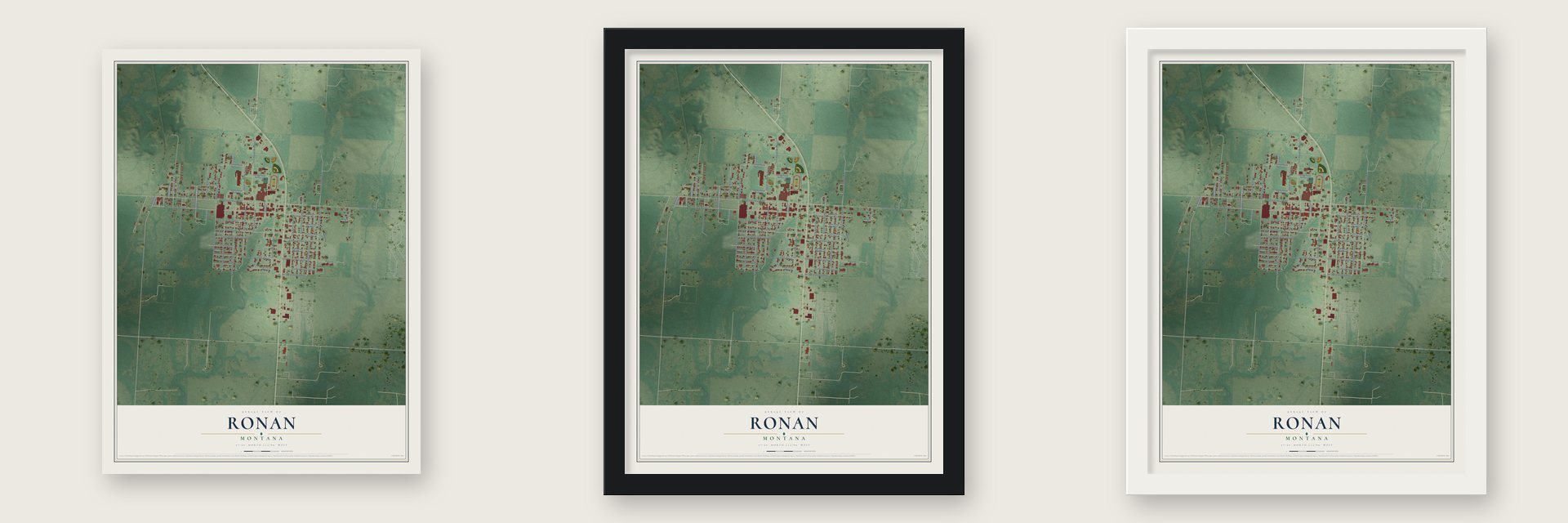 Ronan, Montana map unframed, in a black wood frame and in a white wood frame