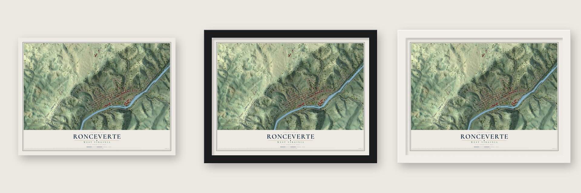 Ronceverte, West Virginia map unframed, in a black wood frame and in a white wood frame