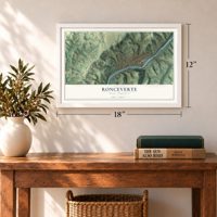 Ronceverte, West Virginia map, 12 x 18 inch print in a white frame in an entryway