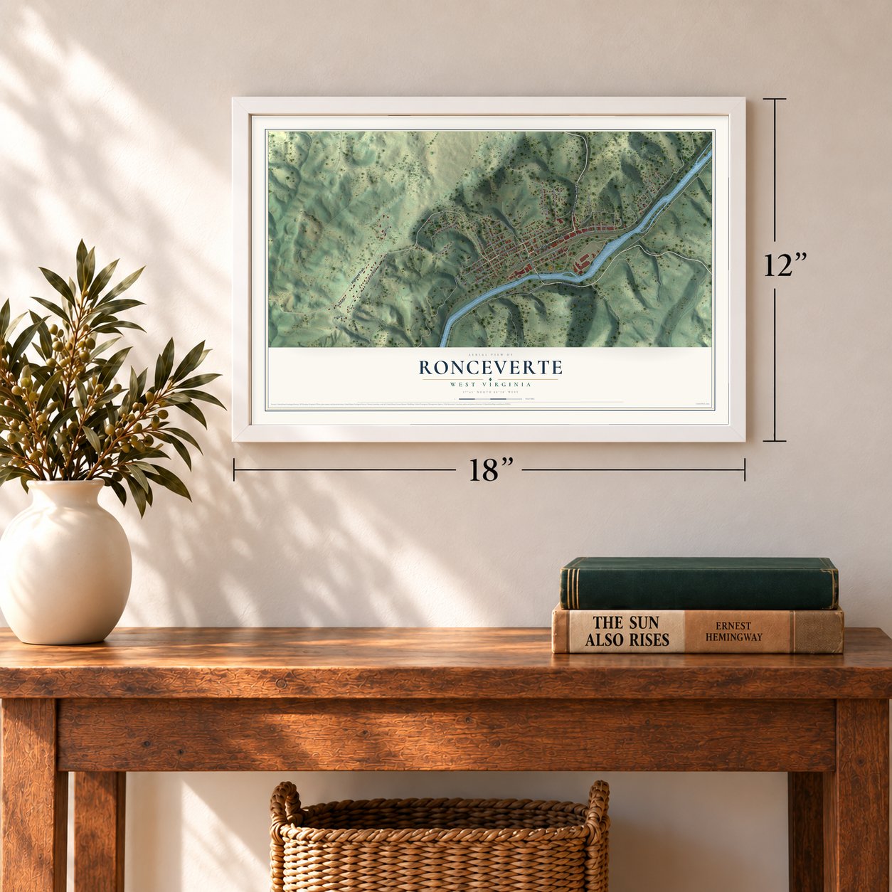 Ronceverte, West Virginia map, 12 x 18 inch print in a white frame in an entryway