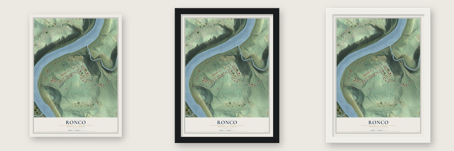 Ronco, Pennsylvania map unframed, in a black wood frame and in a white wood frame
