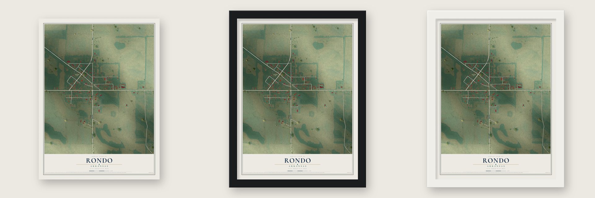 Rondo, Arkansas map unframed, in a black wood frame and in a white wood frame