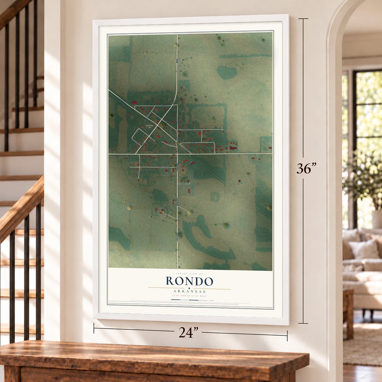 Rondo, Arkansas map, 24 x 36 inch print in a white frame by a staircase