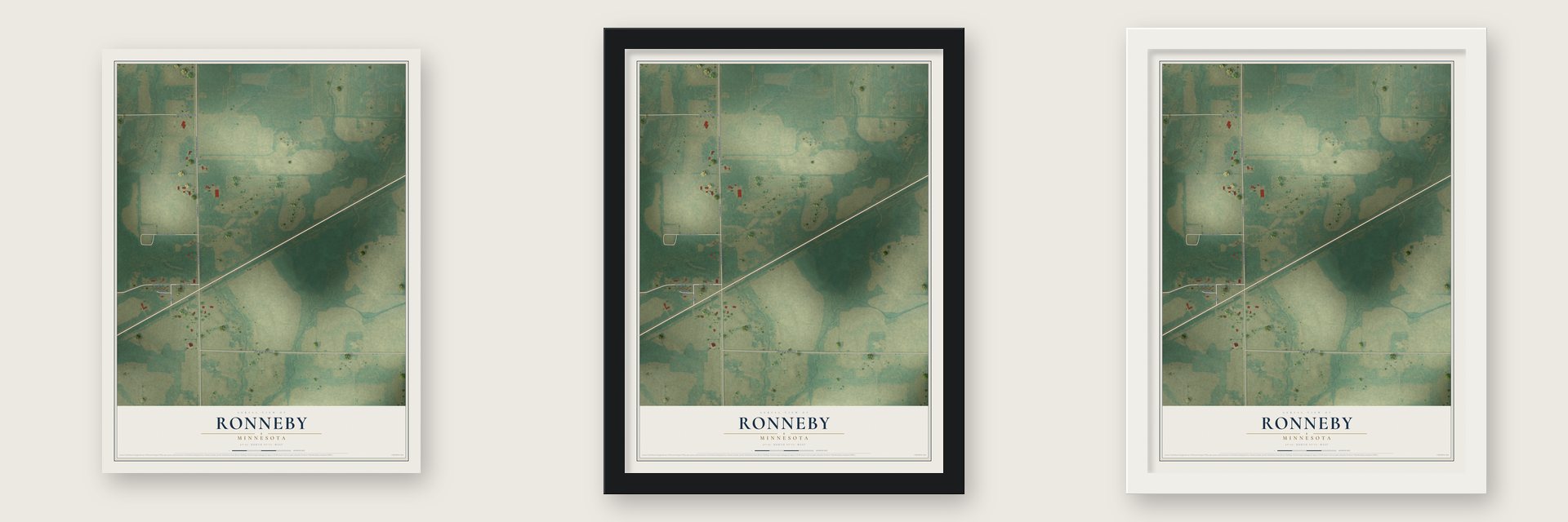 Ronneby, Minnesota map unframed, in a black wood frame and in a white wood frame